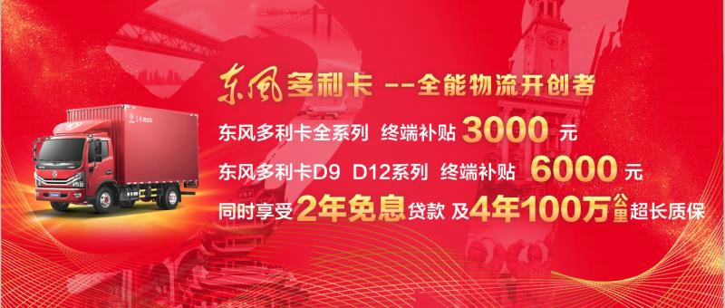 東風(fēng)多利卡D9、D12系列車型終端補(bǔ)貼6000元，同時(shí)享受兩年免息貸款，以及4年100萬(wàn)公里超長(zhǎng)質(zhì)保；東風(fēng)多利卡其它系列車型終端補(bǔ)貼3000元。